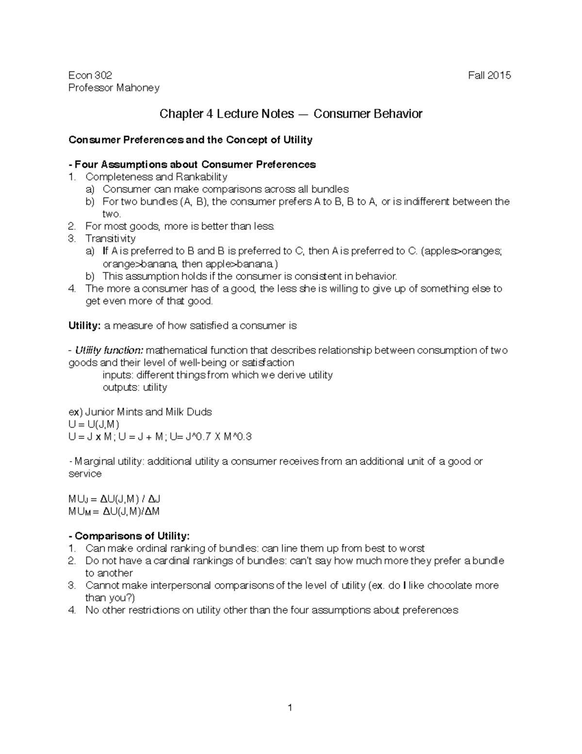 Chapter 4 notes as explained to the class. - Econ 302 ! ! ! Professor ...