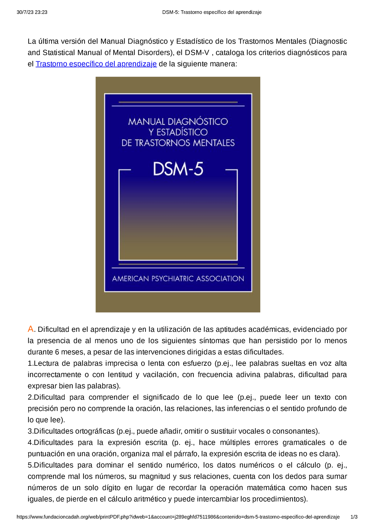 DSM-5 Trastorno Específico Del Aprendizaje - Tratamiento Psicologico ...