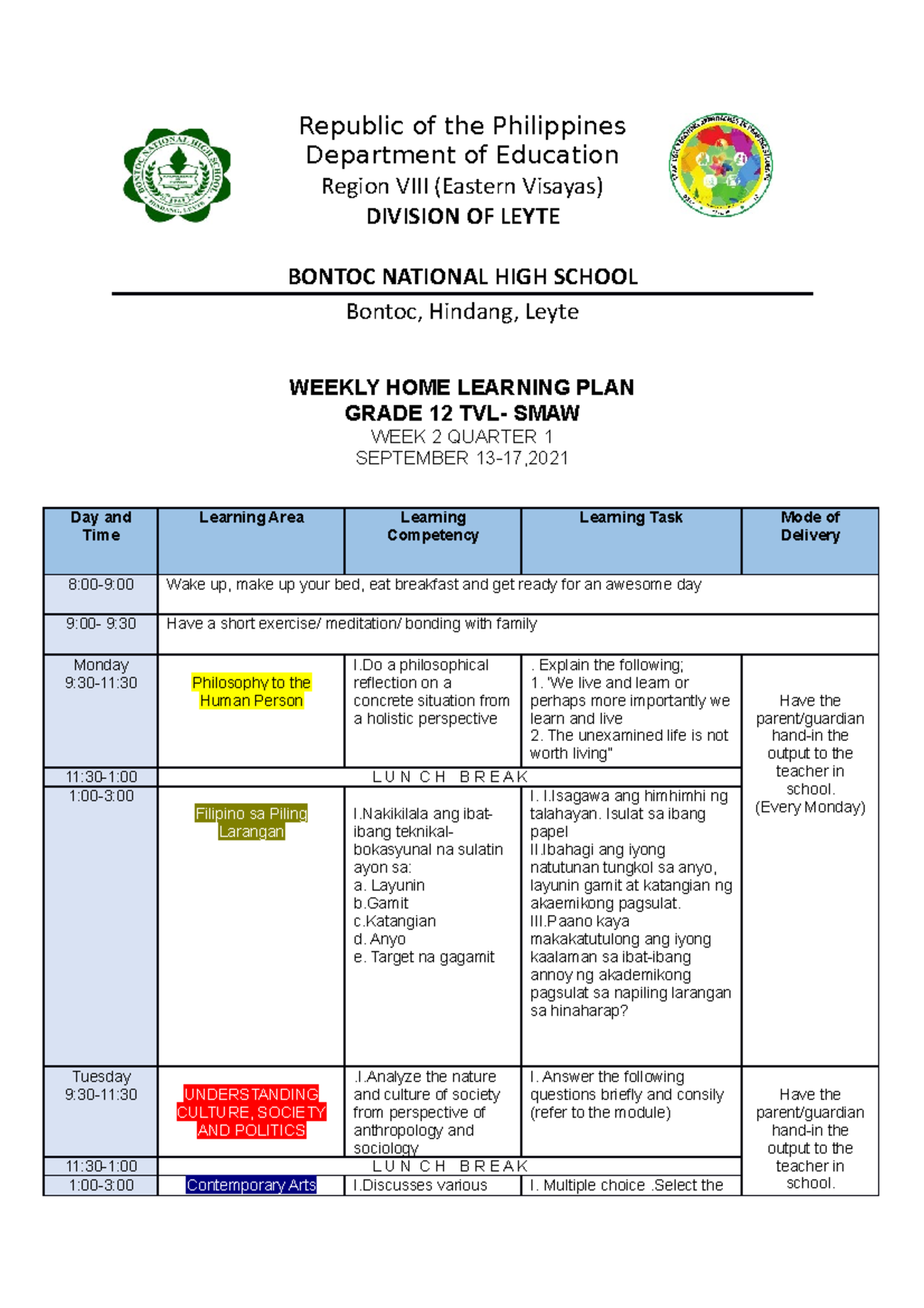 Weekly-HOME- Learning-PLAN-TVL week 2 - Republic of the Philippines ...