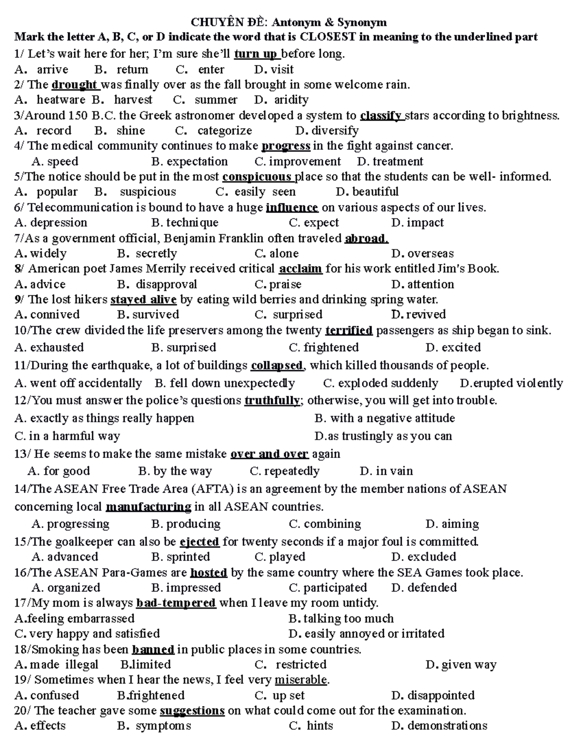 SynonymAND Antonym AAAAAA CHUYÊN ĐỀ Antonym & Synonym Mark the
