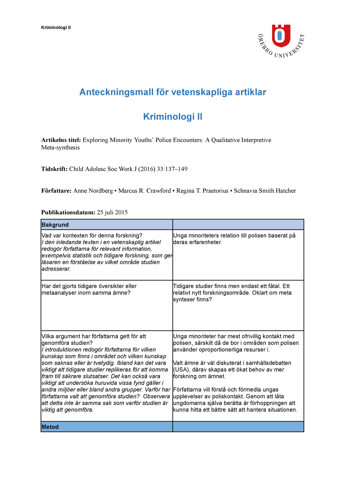 Kvalitativ Anteckningsmall För Vetenskapliga Artiklar Kriminologi II ...