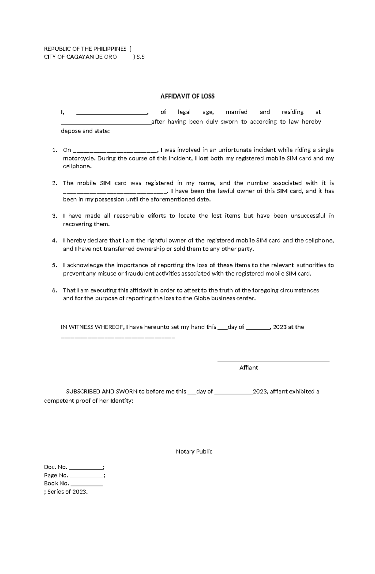 Affidavit-of-Loss of sim - REPUBLIC OF THE PHILIPPINES ) CITY OF ...