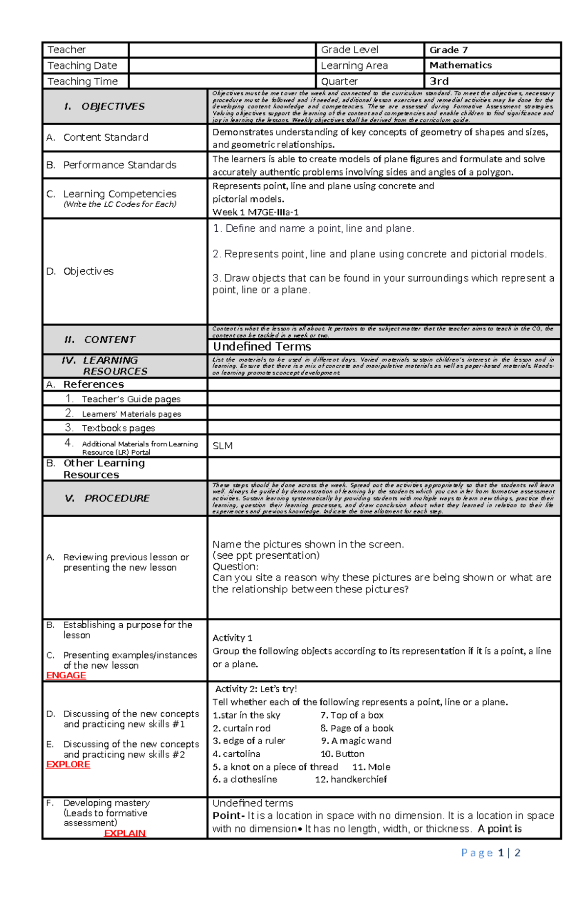 mathematics 7 undefined terms in geometry - Teacher Grade Level Grade 7 ...