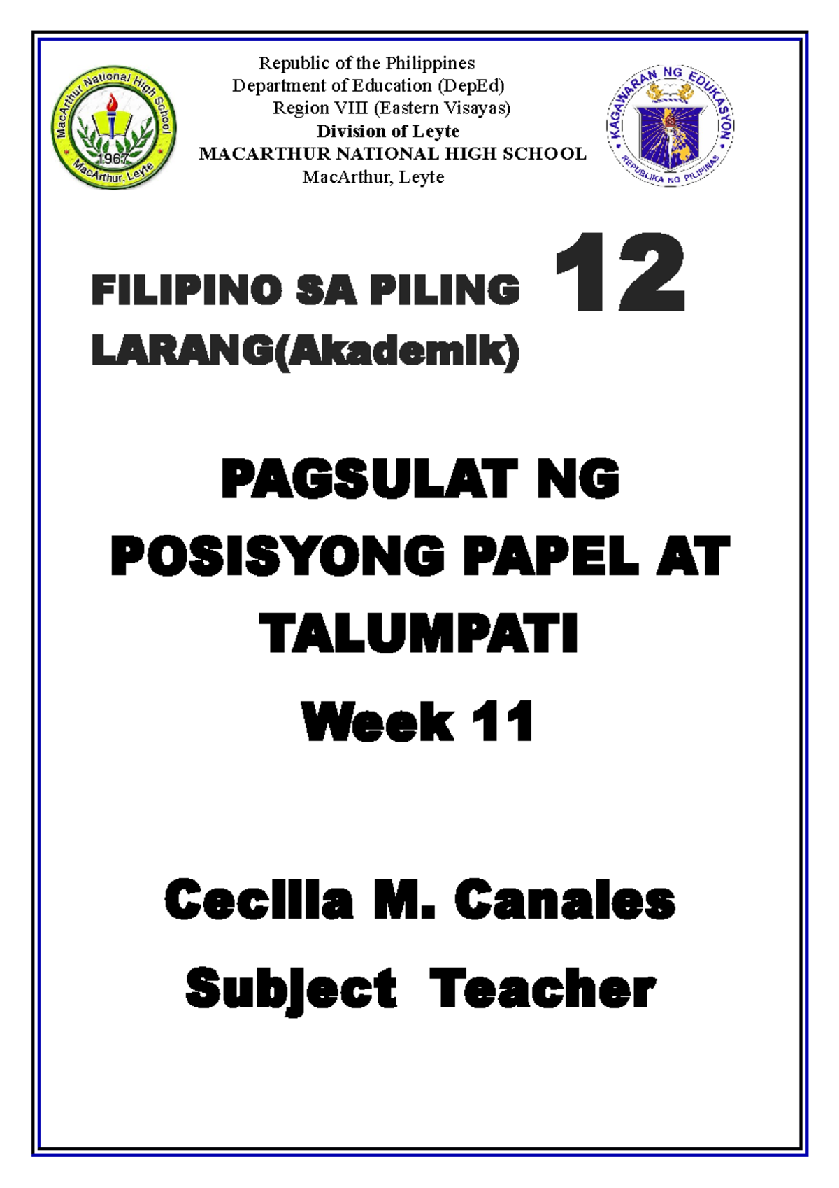 LAs Second Quarter Akademik Week-11 New - Republic Of The Philippines ...