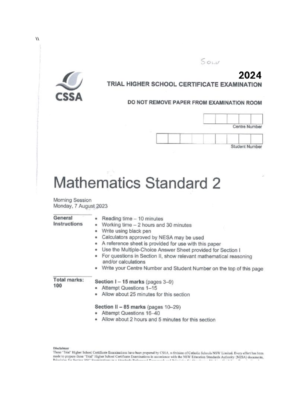 CSSA 2024 Standard Mathematics - Sow 2024 TRIAL HIGHER SCHOOL ...