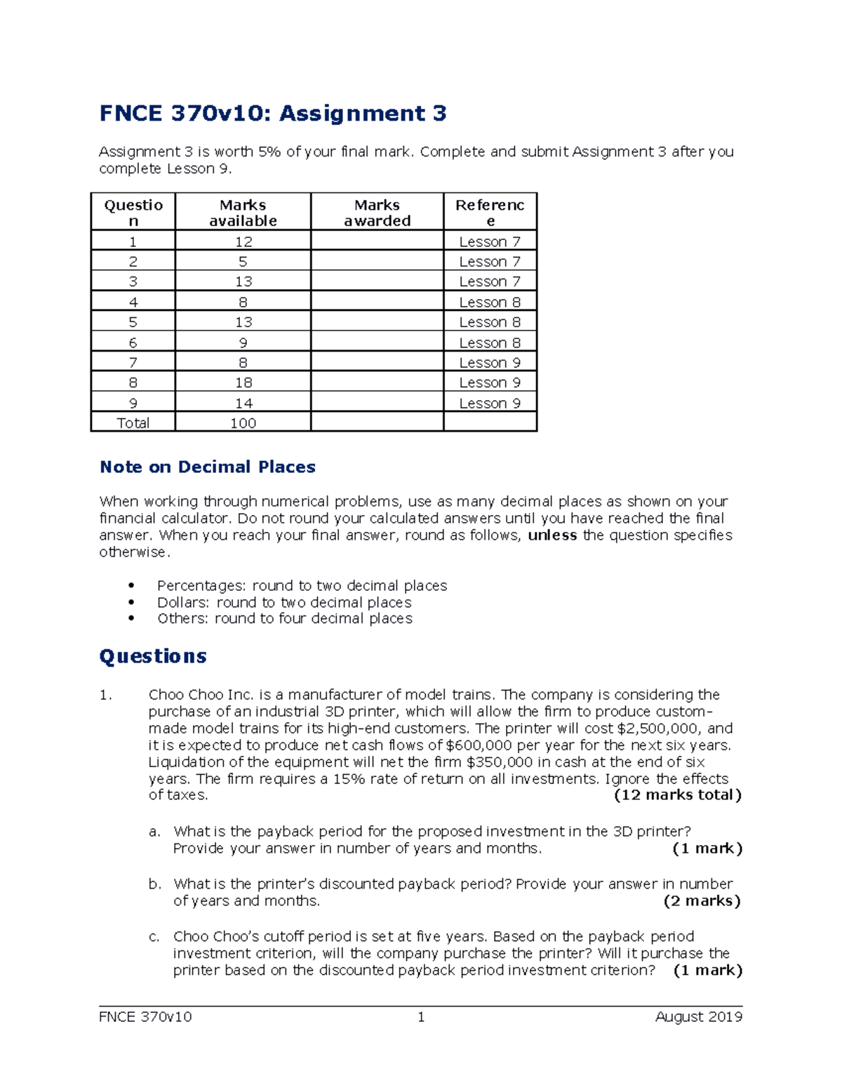 FNCE370v10 Assignment 3 - Complete and submit Assignment 3 after you ...
