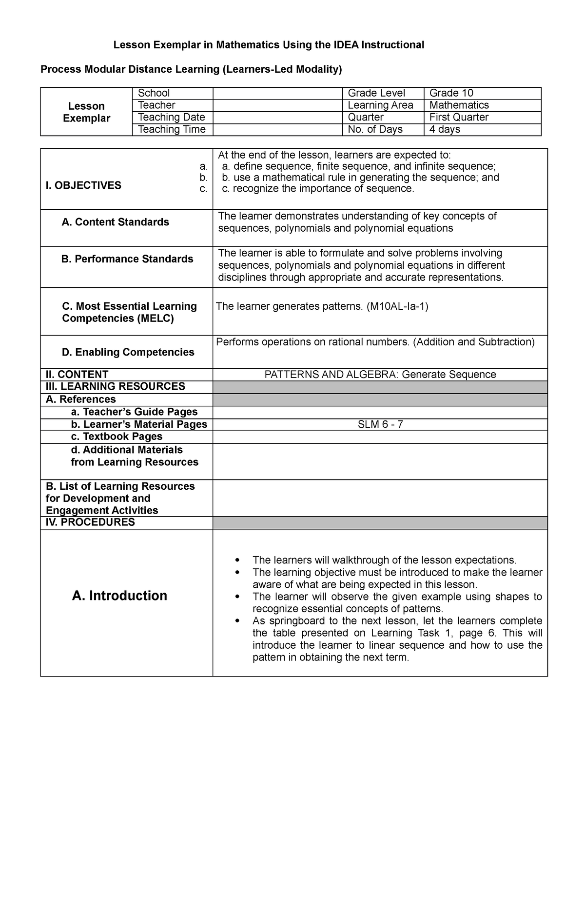 LE Q1G10W1 - Lesson Exemplar - Lesson Exemplar in Mathematics Using the ...