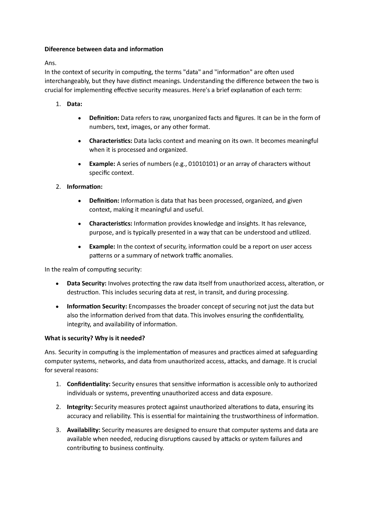 Security in computig - Difeerence between data and information Ans. In ...