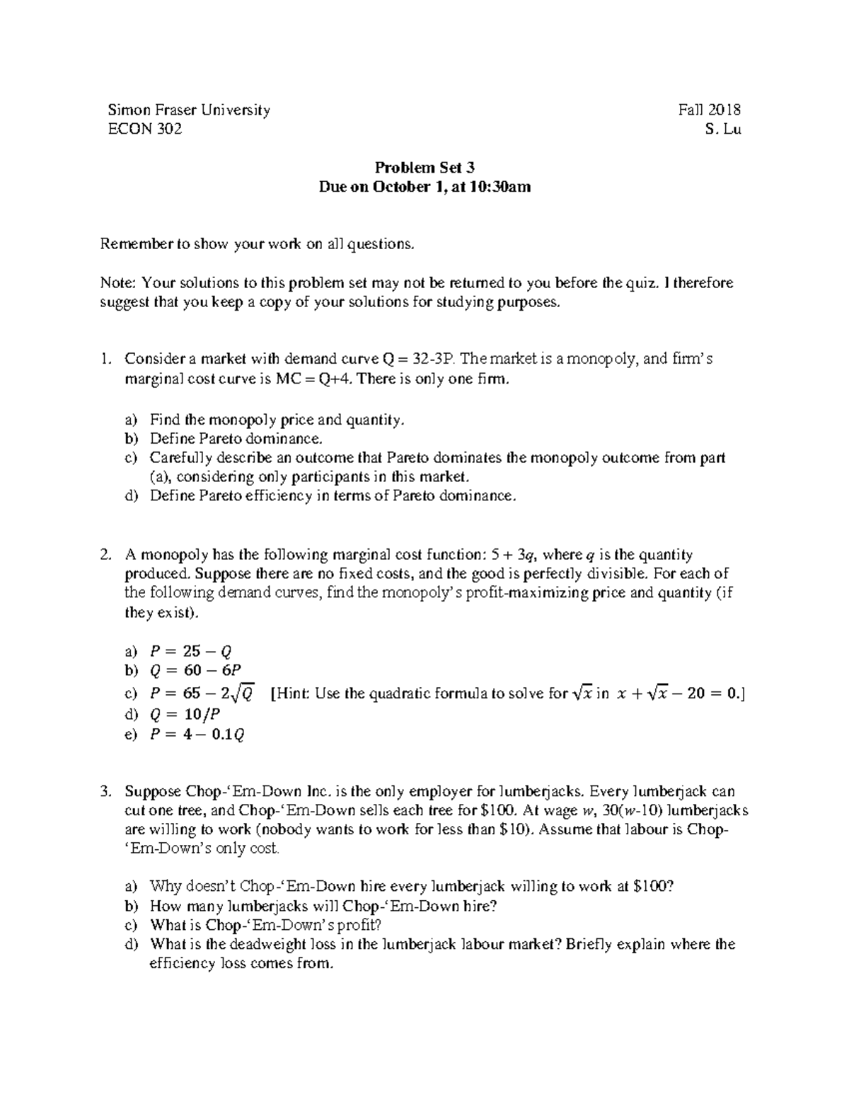 PS3-Oct1 - Problem Set 3 - Simon Fraser University Fall 2018 ECON 302 S ...