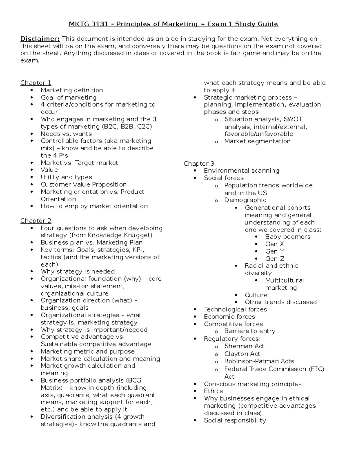 Exam 1 Study Guide - Mktg 3131 – Principles Of Marketing ~ Exam 1 Study 