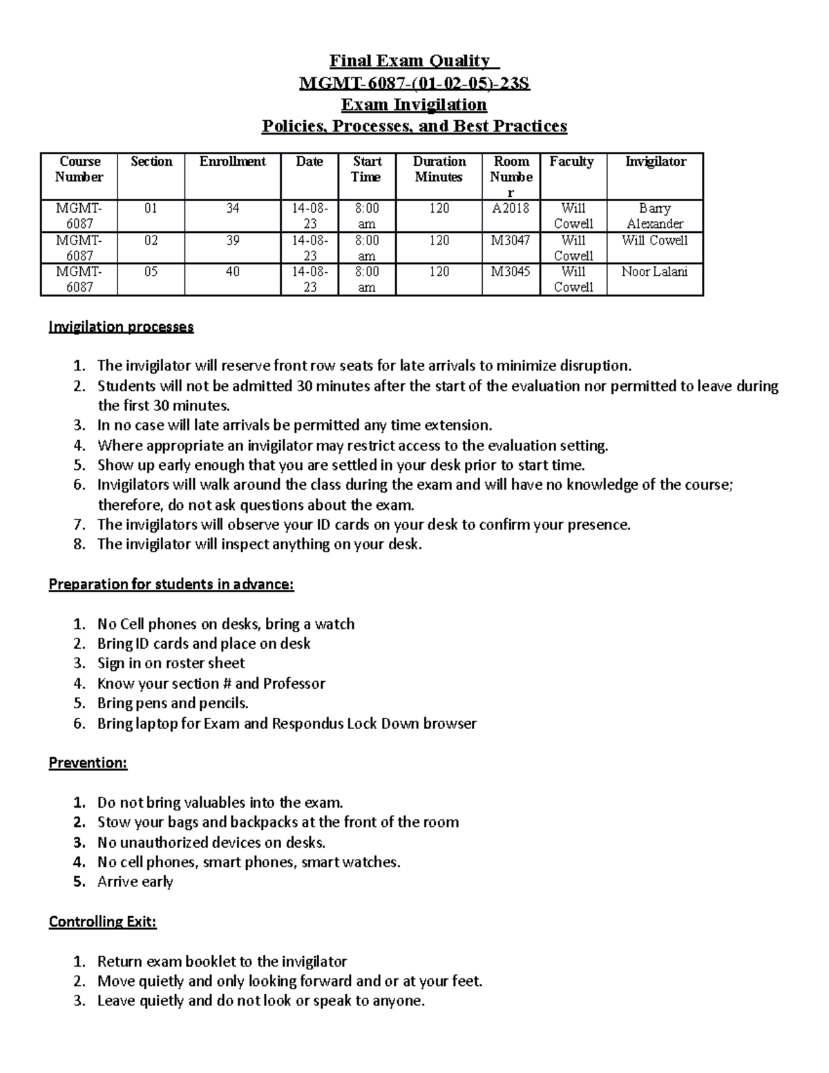 Final Exam Policies, Processes & Practices Final Exam Quality MGMT