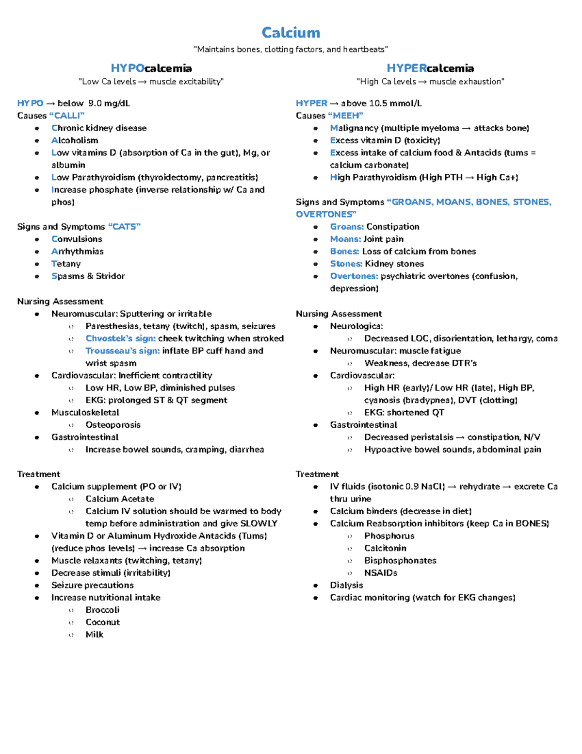 Nclex - notes - Calcium “Maintains bones, clotting factors, and ...