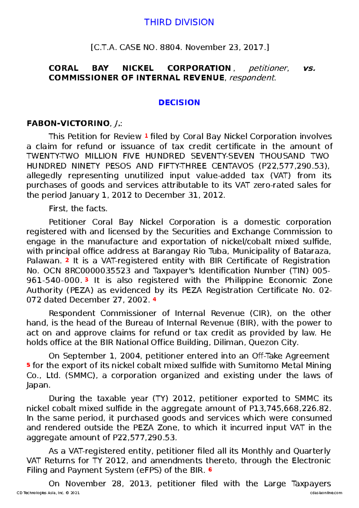 C.T.A. CASE NO. 8804. November 23, 2017 THIRD DIVISION [C.T. CASE NO