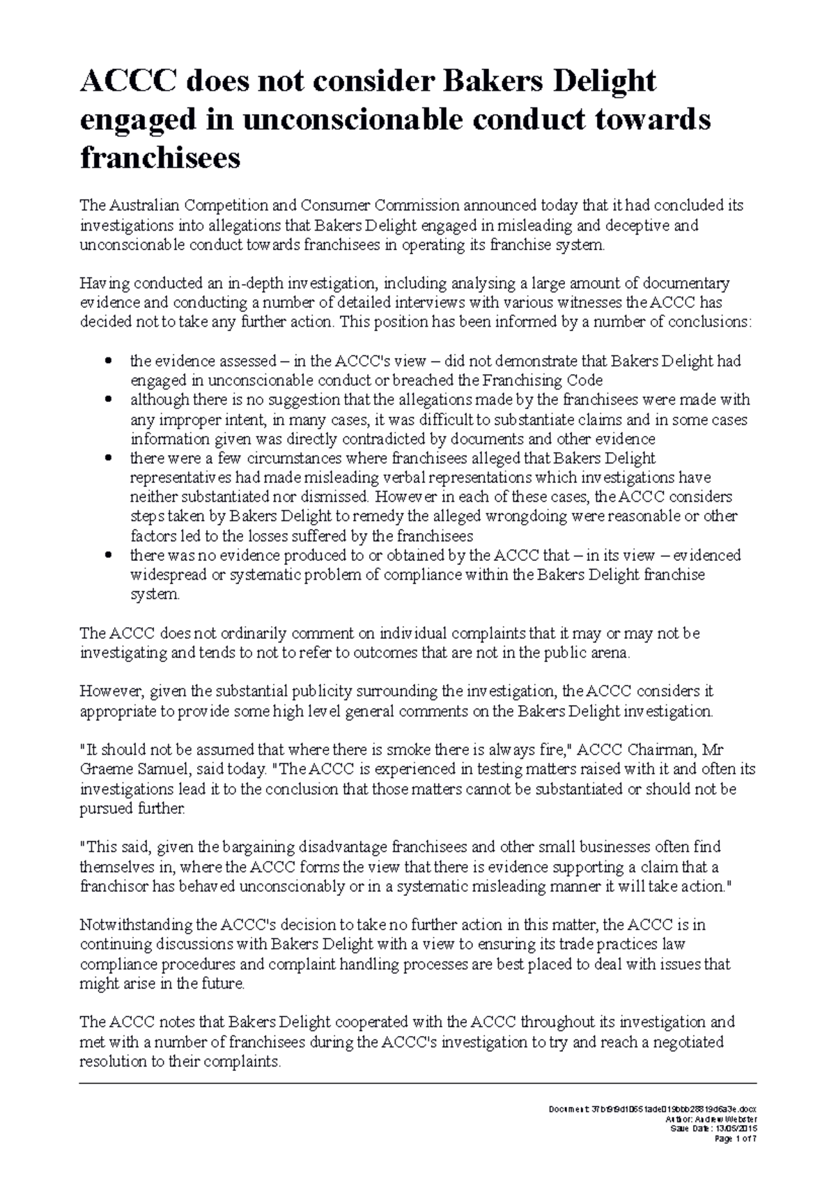 ACCC Bakers Delight help ACCC does not consider Bakers Delight