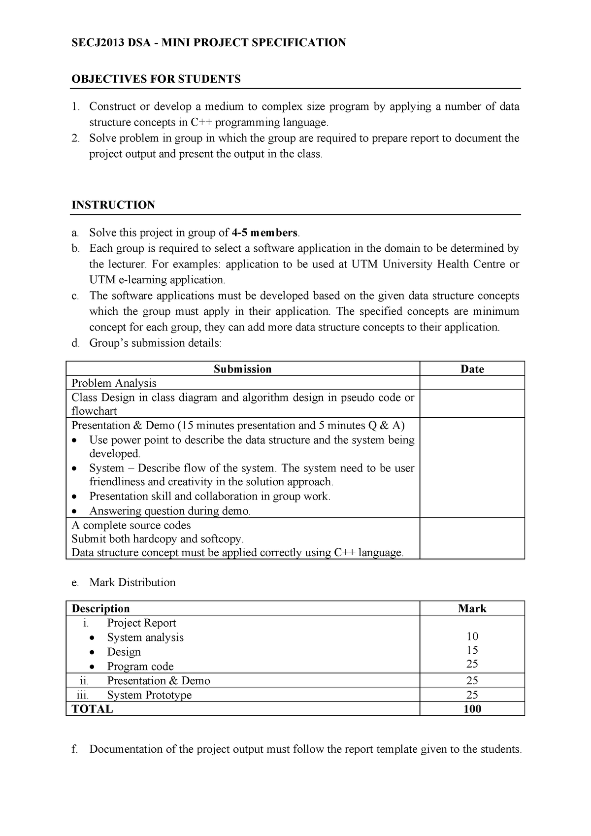 DSA Mini Project Specification - OBJECTIVES FOR STUDENTS Construct or ...