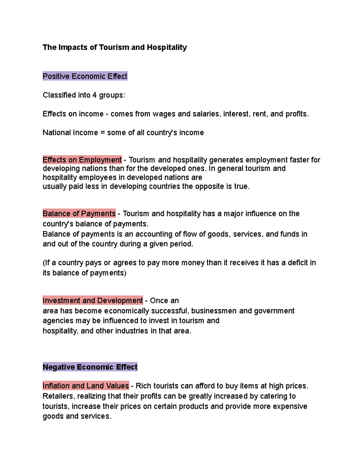 Macro Finals Reviewer - The Impacts of Tourism and Hospitality Positive ...