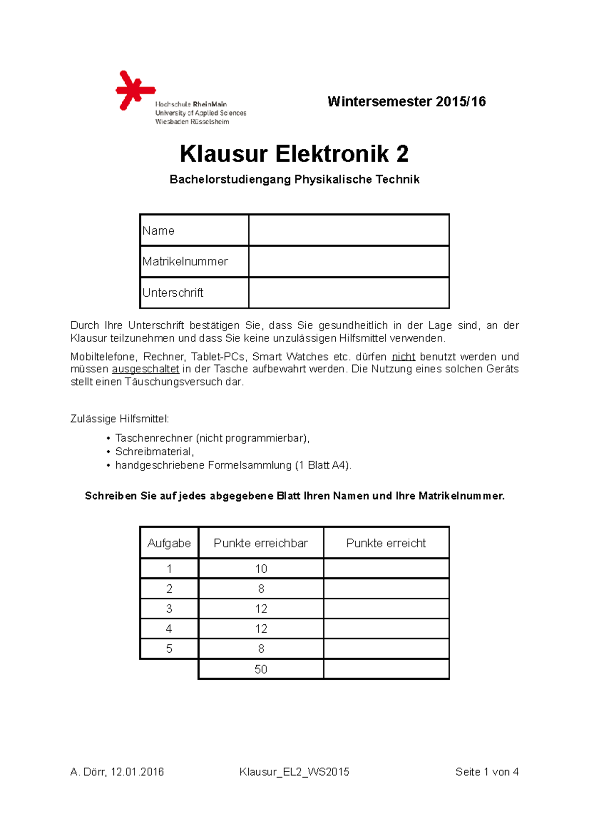 Klausur 12 Januar Wintersemester 2014/2015, Fragen - Wintersemester ...