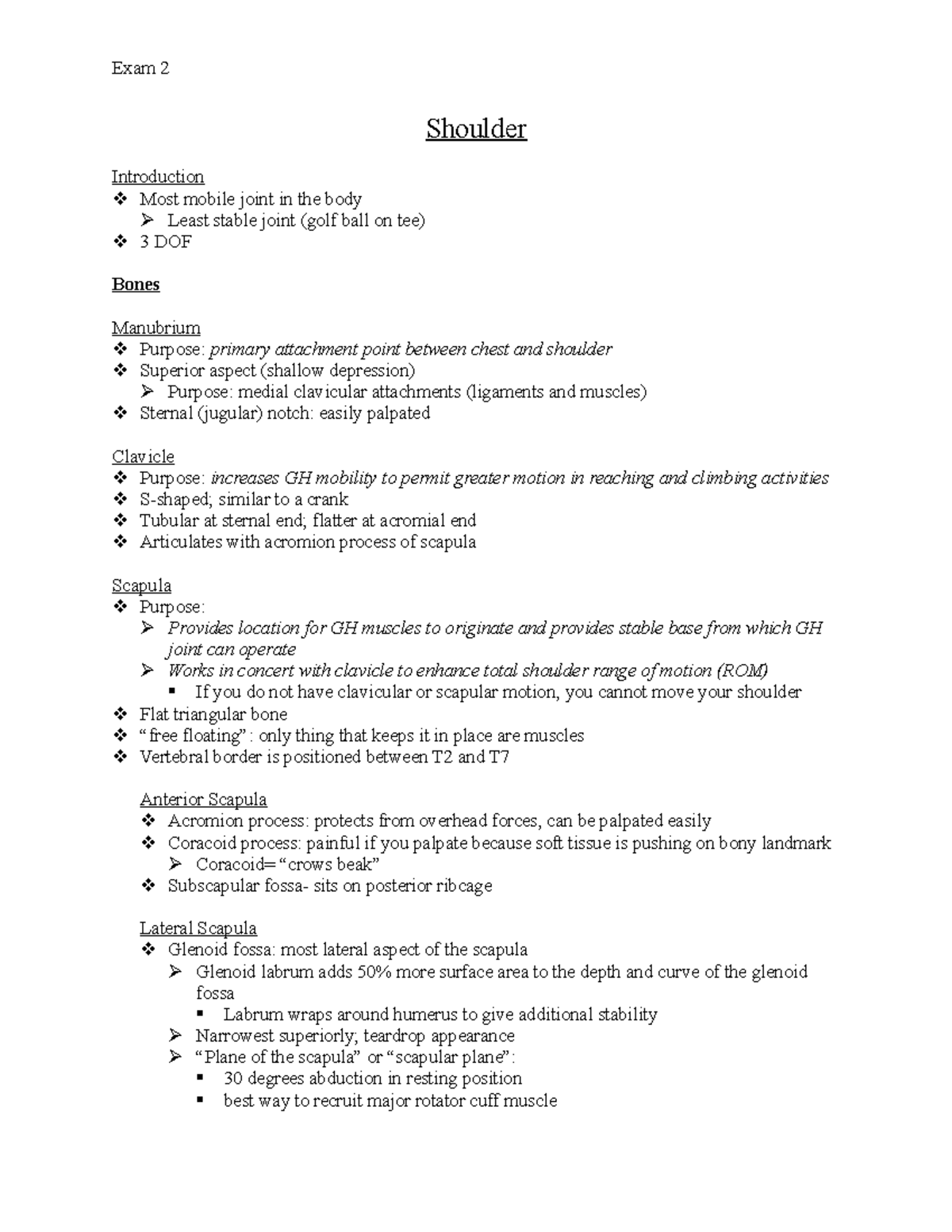 Shoulder (exam 2) Lecture notes review Exam 2 Shoulder Introduction