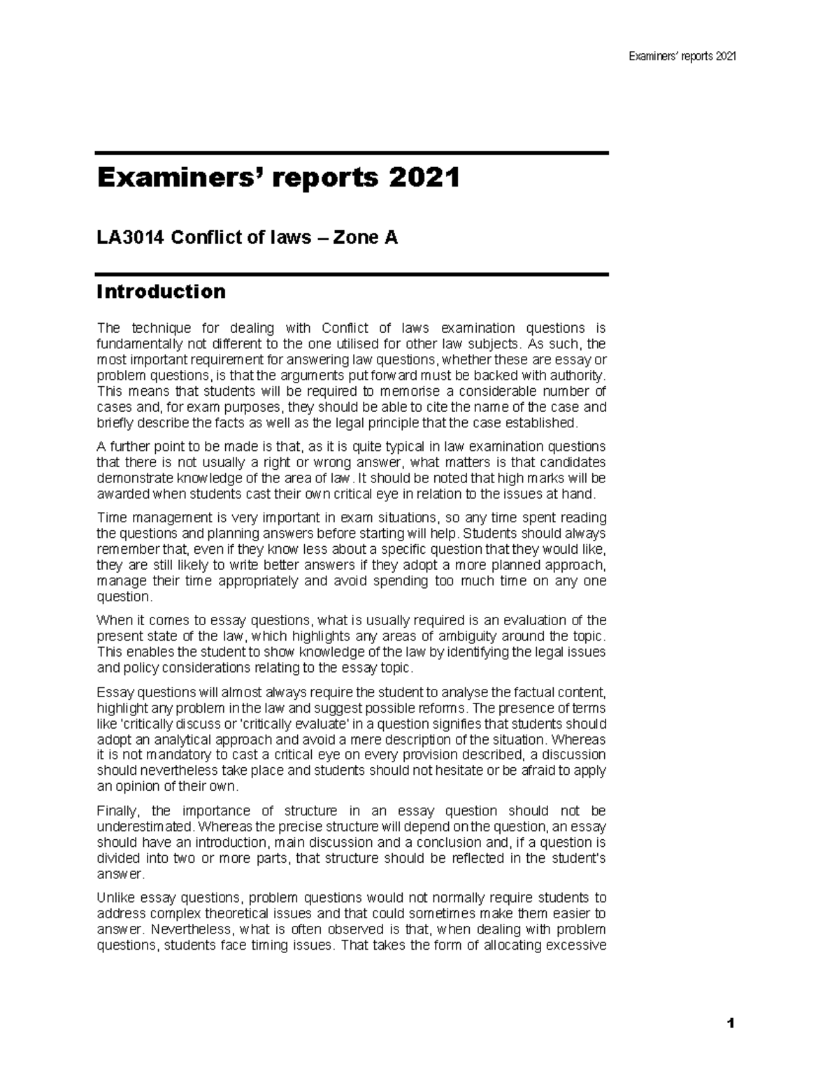 Conflict report 2021 A Examiners’ reports 2021 Examiners’ reports 2021 LA3014 Conflict of laws