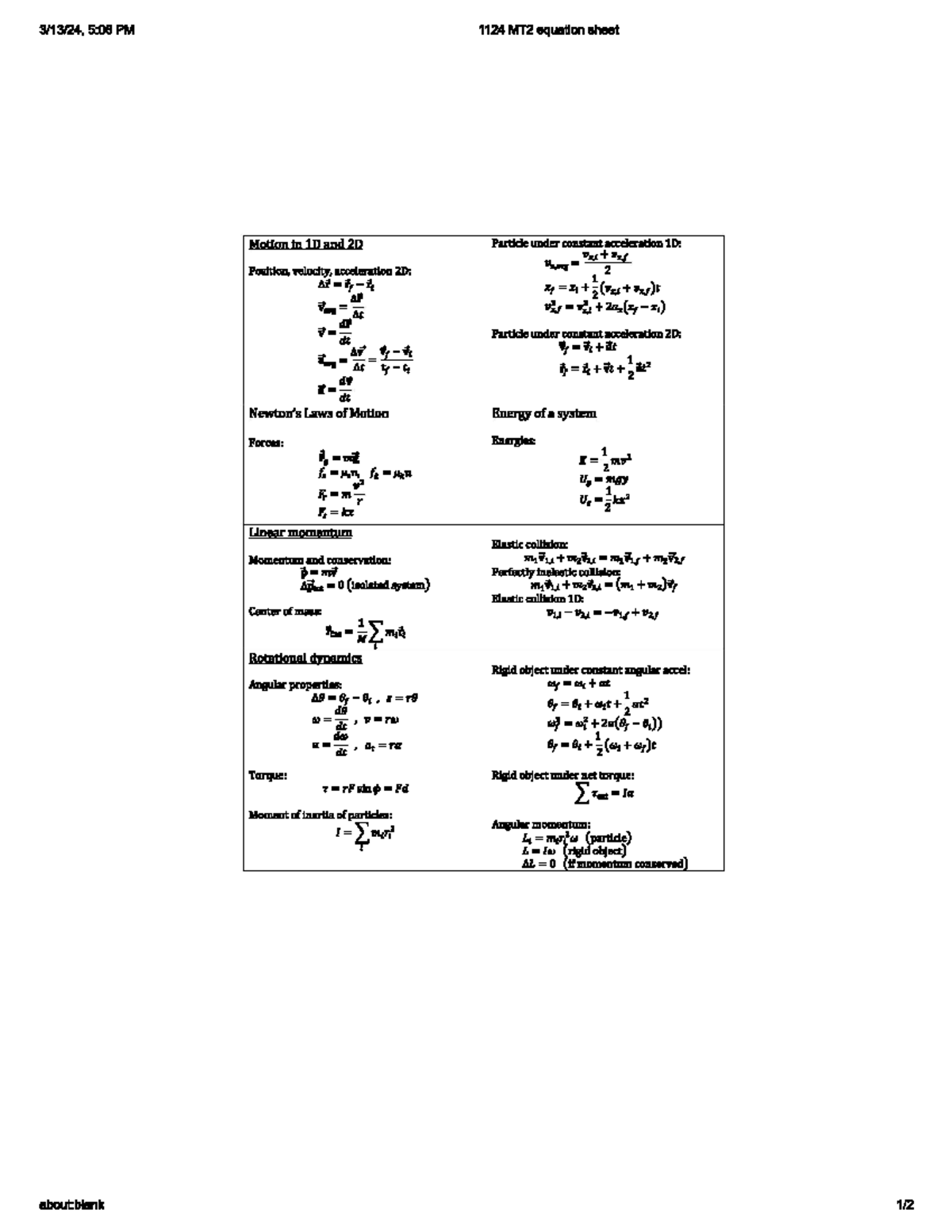 Mt2 equation sheet - Summary Fundamentals of Physics for Engineers ...