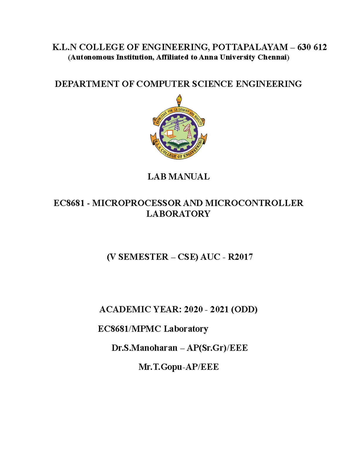 MicroProcessor MicroController Labaratory Manual pdf - K COLLEGE OF ...