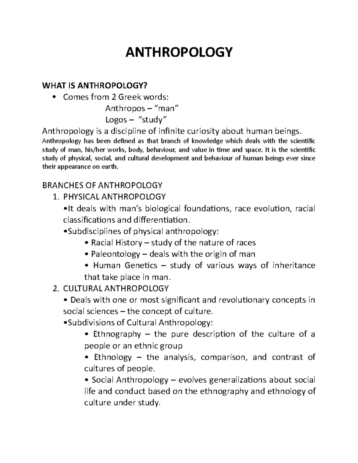 Anthropology Introduction Summary - ANTHROPOLOGY WHAT IS ANTHROPOLOGY ...