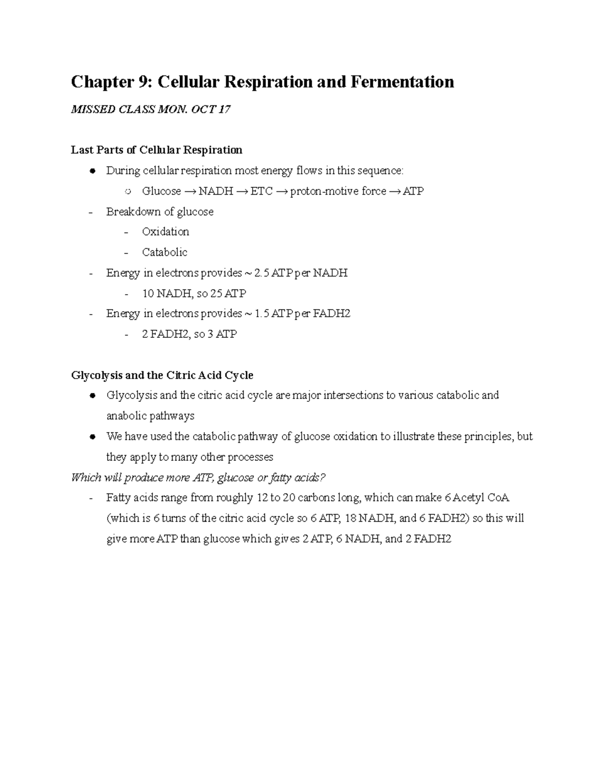 BSC2010 Notes for Exam 3 - Chapter 9: Cellular Respiration and ...