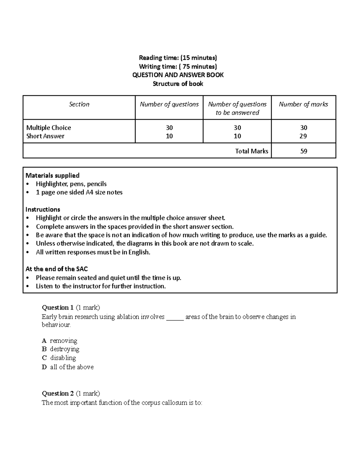 Unit 1 2 Practice Exam - Reading Time: (15 Minutes) Writing Time: ( 75 