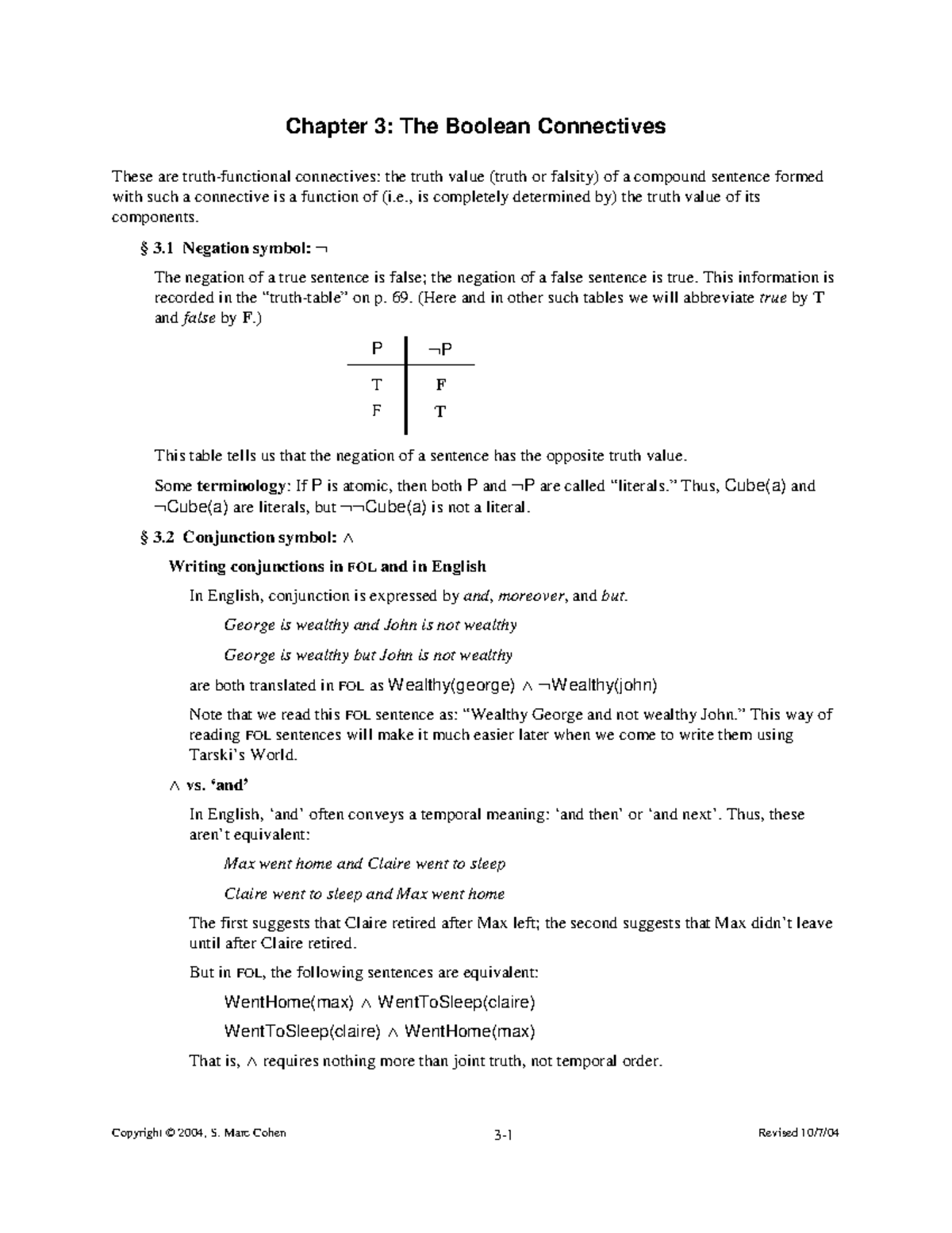 Chapter 3 - zzzzzz - Chapter 3: The Boolean Connectives These are truth ...