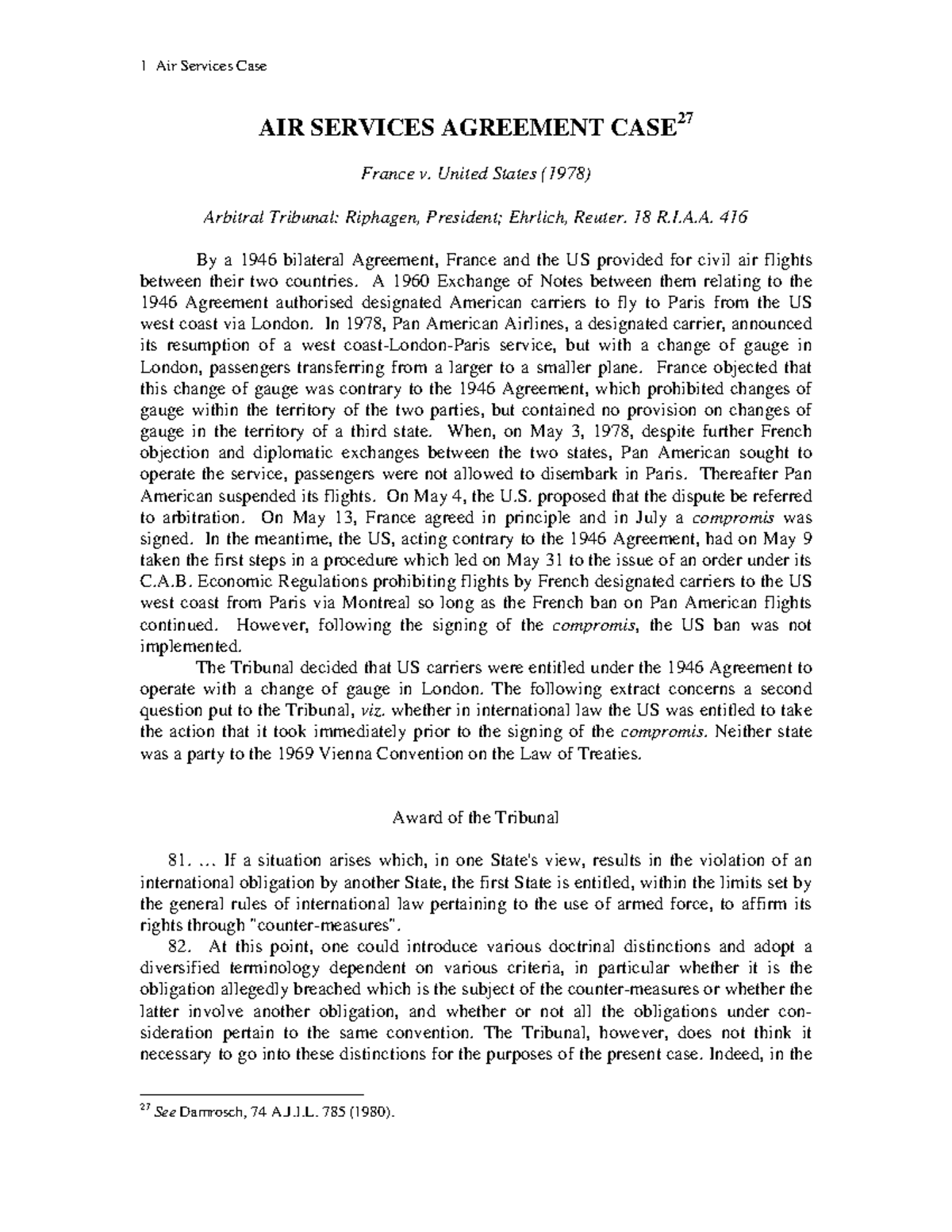 Air Services Arbitration France v AIR SERVICES AGREEMENT CASE 27