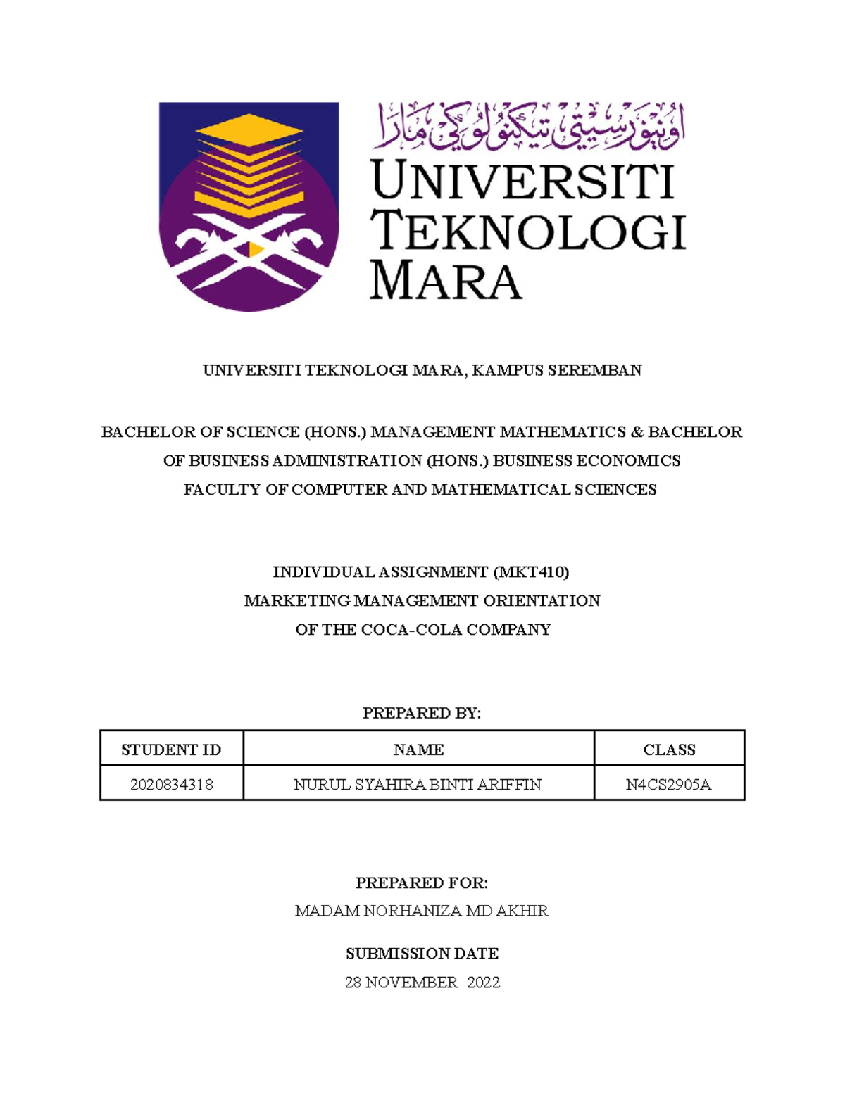 MKT410 Individual Assignment - UNIVERSITI TEKNOLOGI MARA, KAMPUS ...