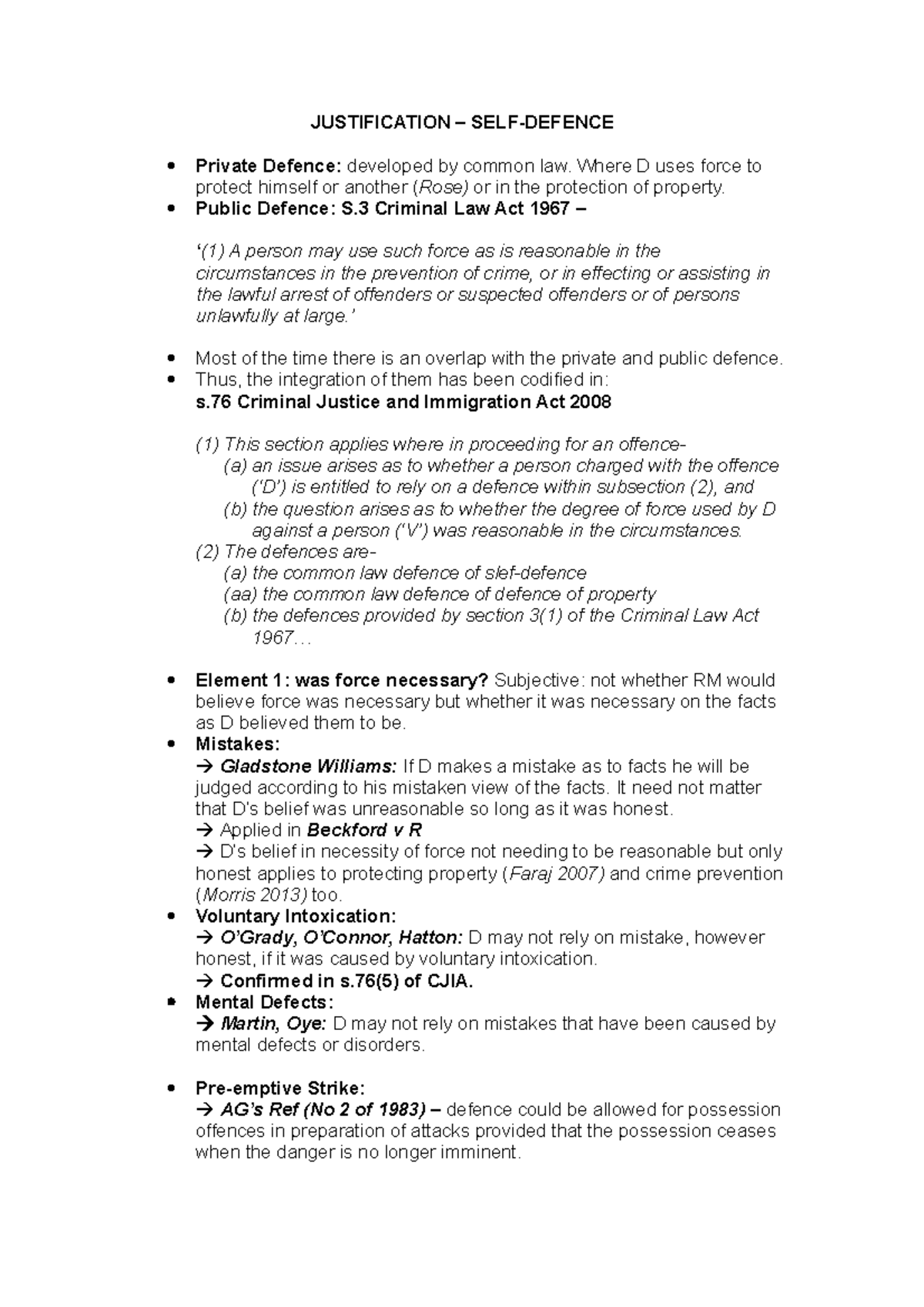 SELF- Defence notes - JUSTIFICATION – SELF-DEFENCE Private Defence ...