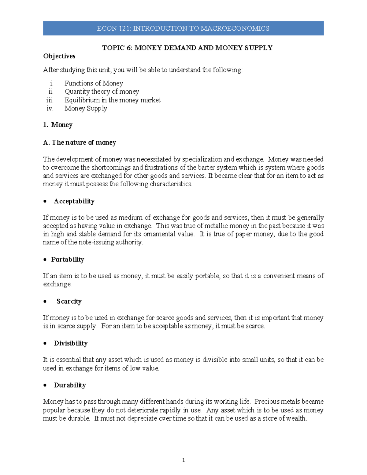 Topic 6 Money Demand and supply TOPIC 6 MONEY DEMAND AND MONEY