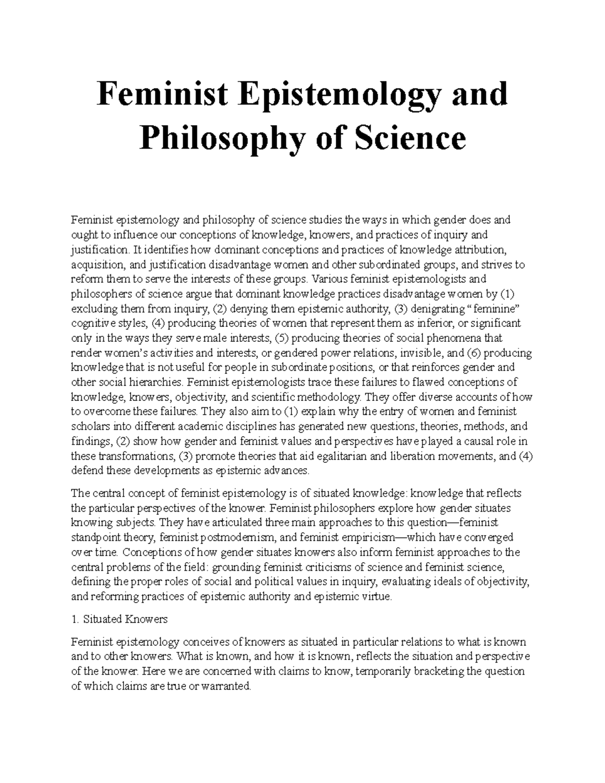 Lecture 3 Feminist Epistemology And Philosophy Of Science Feminist