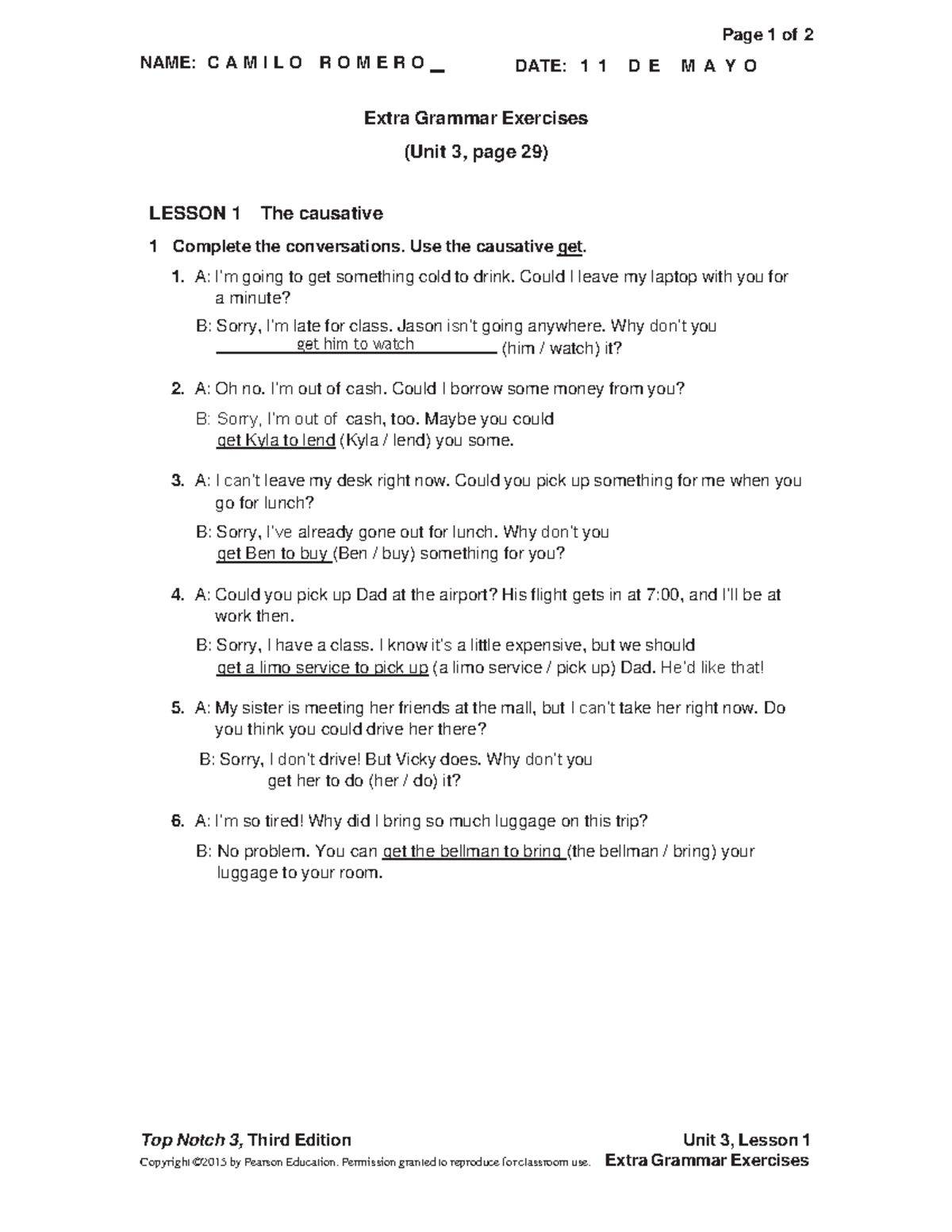 UNIT 03 Extra Gram Exercises lesson 1 - Page 1 of 2 DATE: 1 1 D E M A Y ...