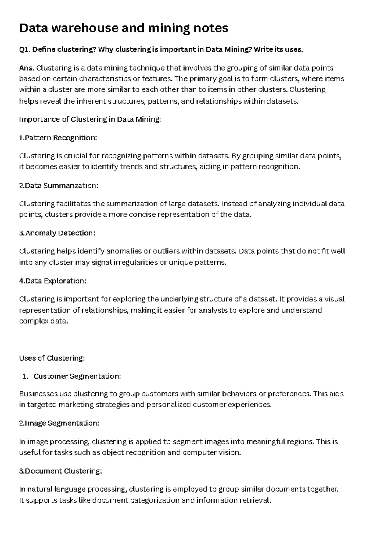 Data warehouse and mining notes - Define clustering? Why clustering is ...