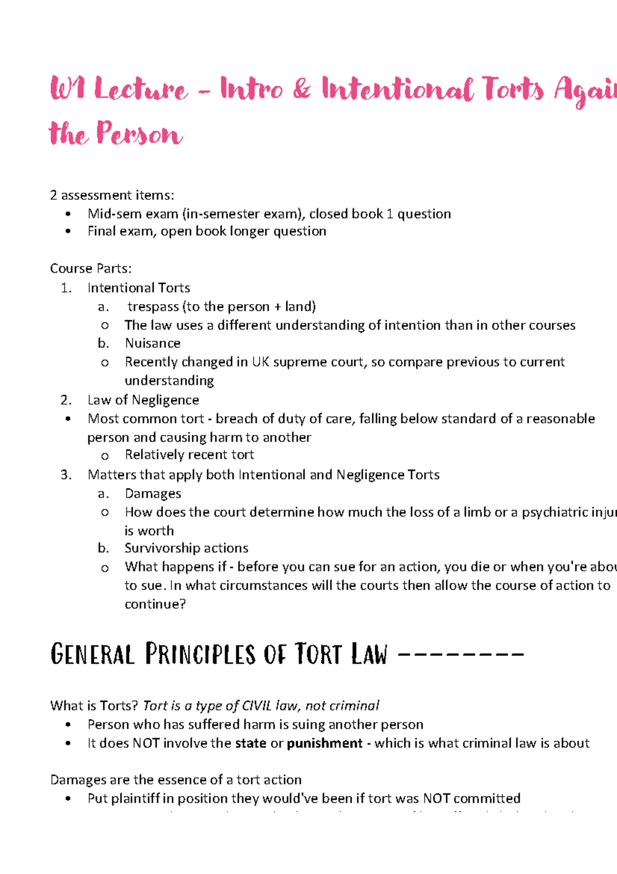 W1 Lecture - Intro & Intentional Torts Against the Person - 2 ...