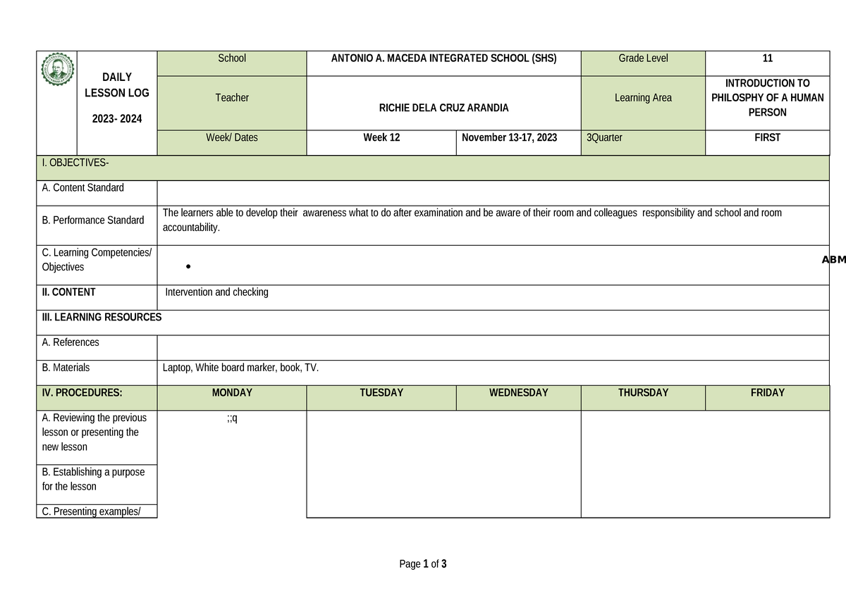 DLL-WEEK-11 - lesson plan - DAILY LESSON LOG 2023- 2024 School ANTONIO ...