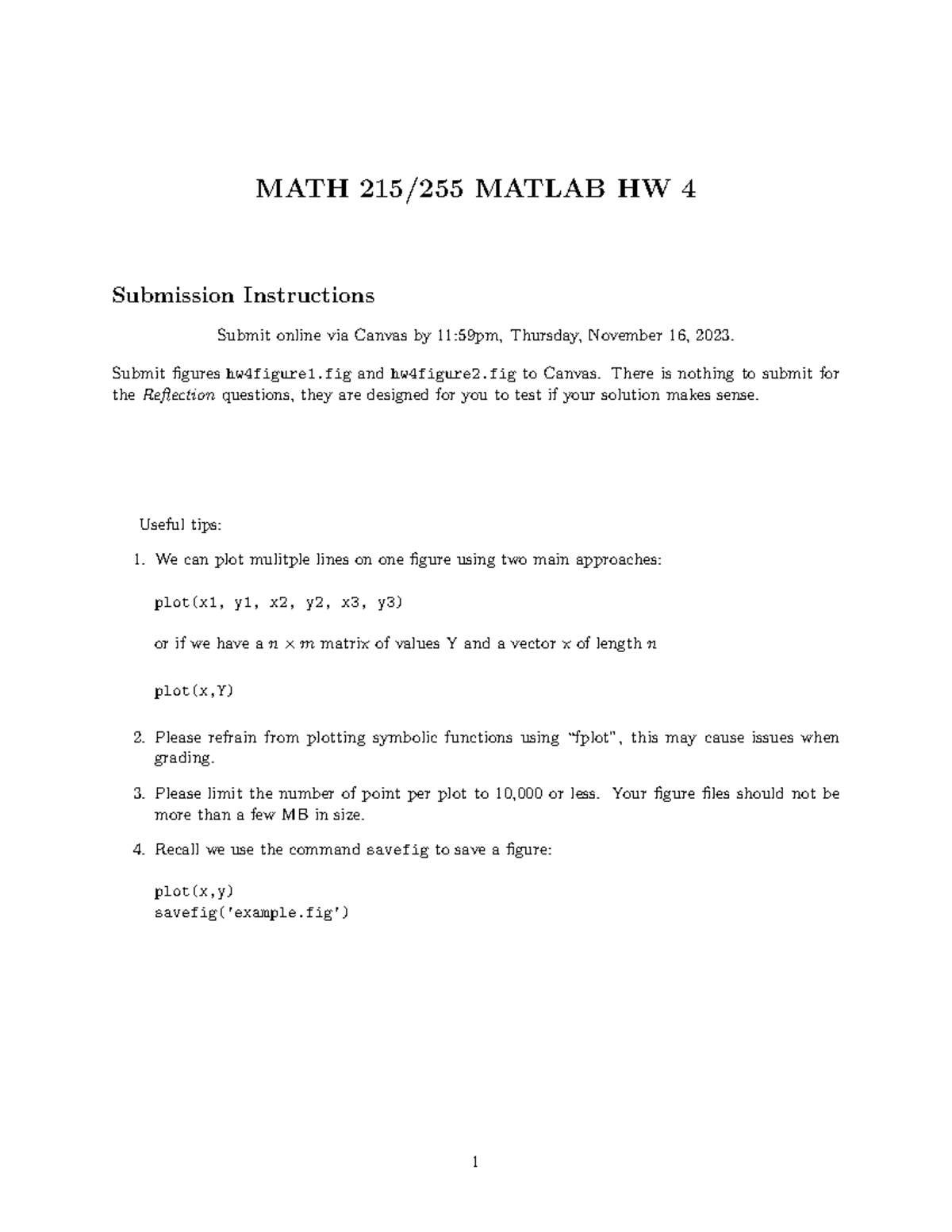 HW 4 MATH 215 255 - Homework - MATH 215/255 MATLAB HW 4 Submission ...