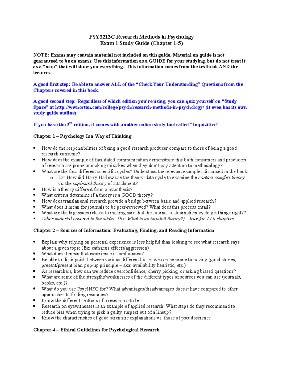 PSY 3213C - Study Guide for Exam 1 - PSY3213C Research Methods in ...