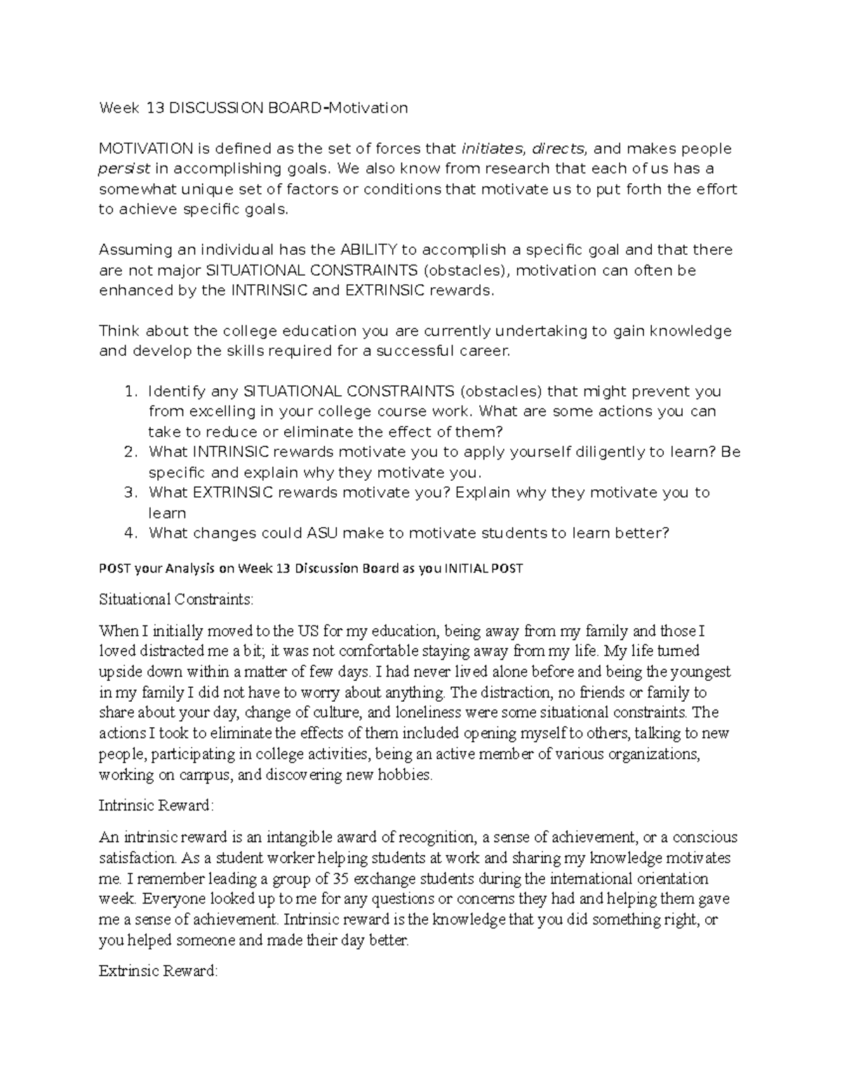 Week 13 DISCUSSION BOARD-Motivation - Week 13 DISCUSSION BOARD ...
