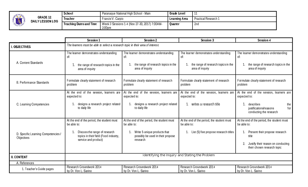 378528581 DLL Prac Research 1 Week 3 - GRADE 12 DAILY LESSON LOG School ...