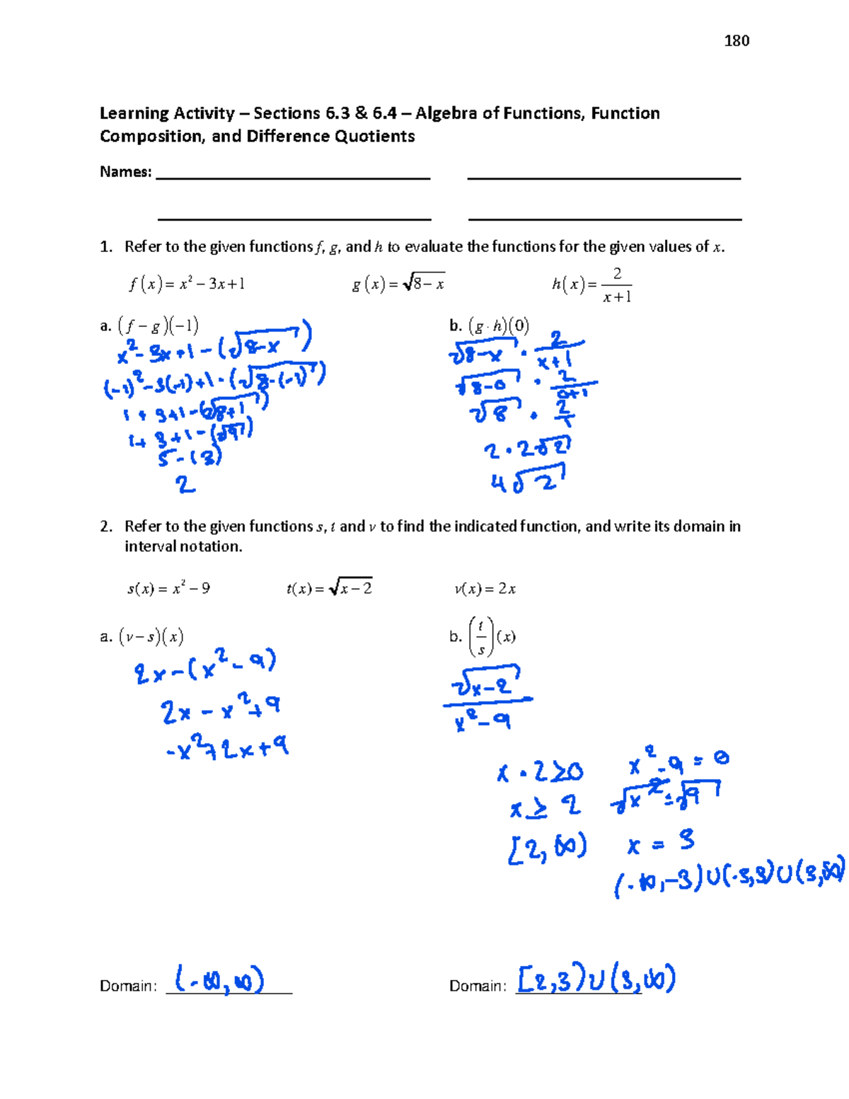 M1105C LA 6.3 & 6.4 Algebra of Functions, Compostion, Diff Quotient W ...