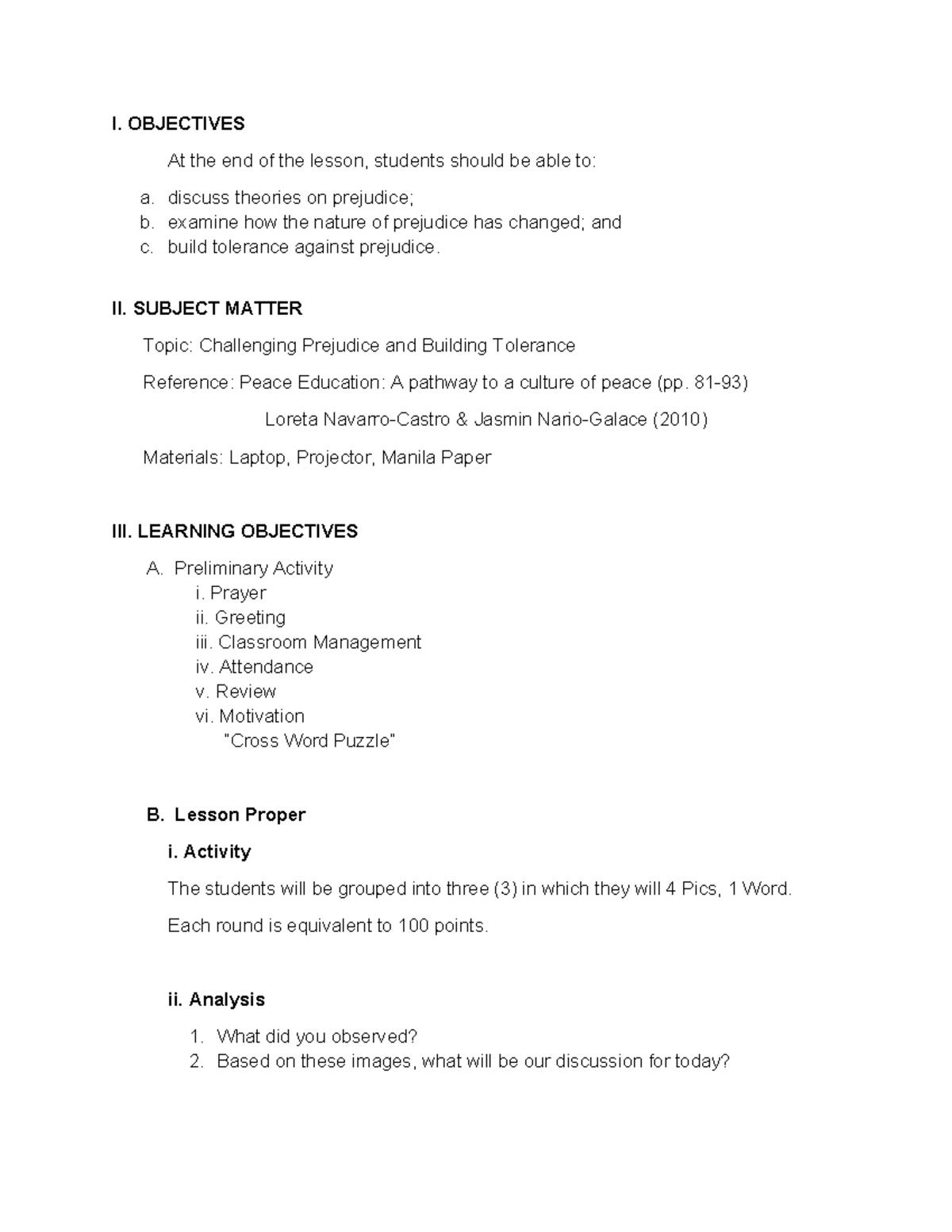 Peace 1- Chapter 6 Lesson Plan2 - I. OBJECTIVES At the end of the ...