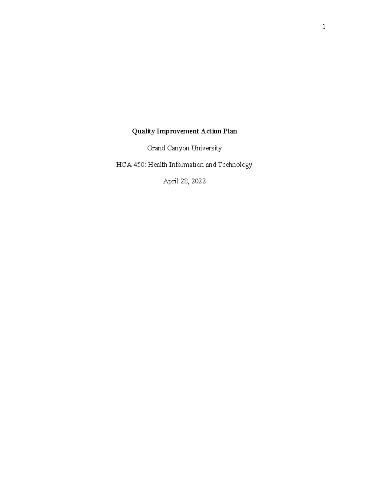 HCA 450 quality imrpovment action plan - Quality Improvement Action ...