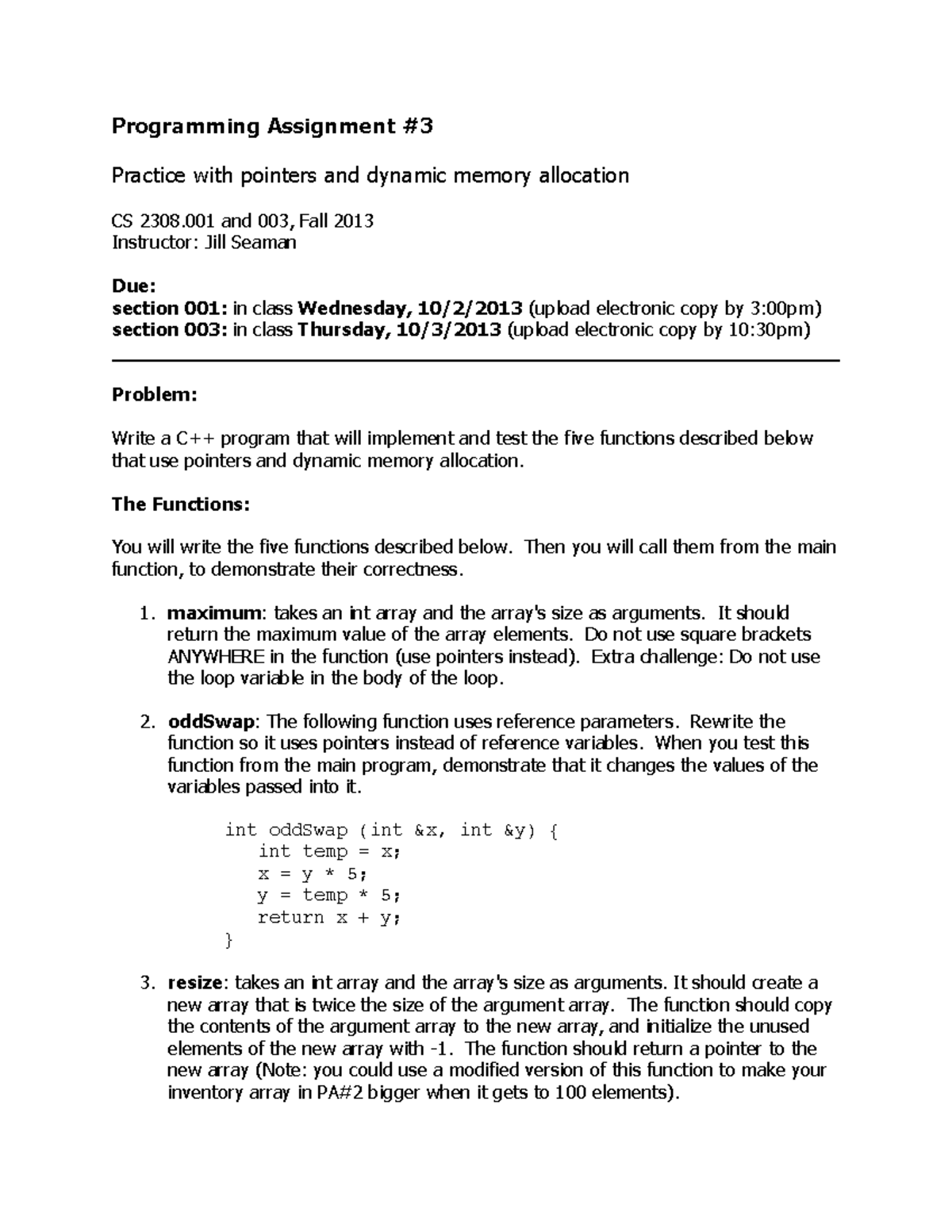 Assignment 3 - CS 2308 - Programming Assignment Practice with pointers ...