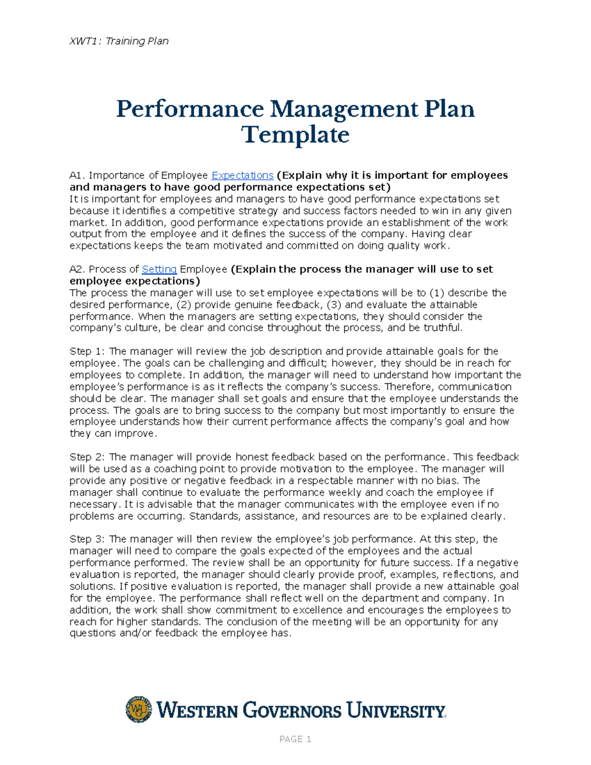 C235 Task 2 - Passed - XWT1: Training Plan Performance Management Plan ...