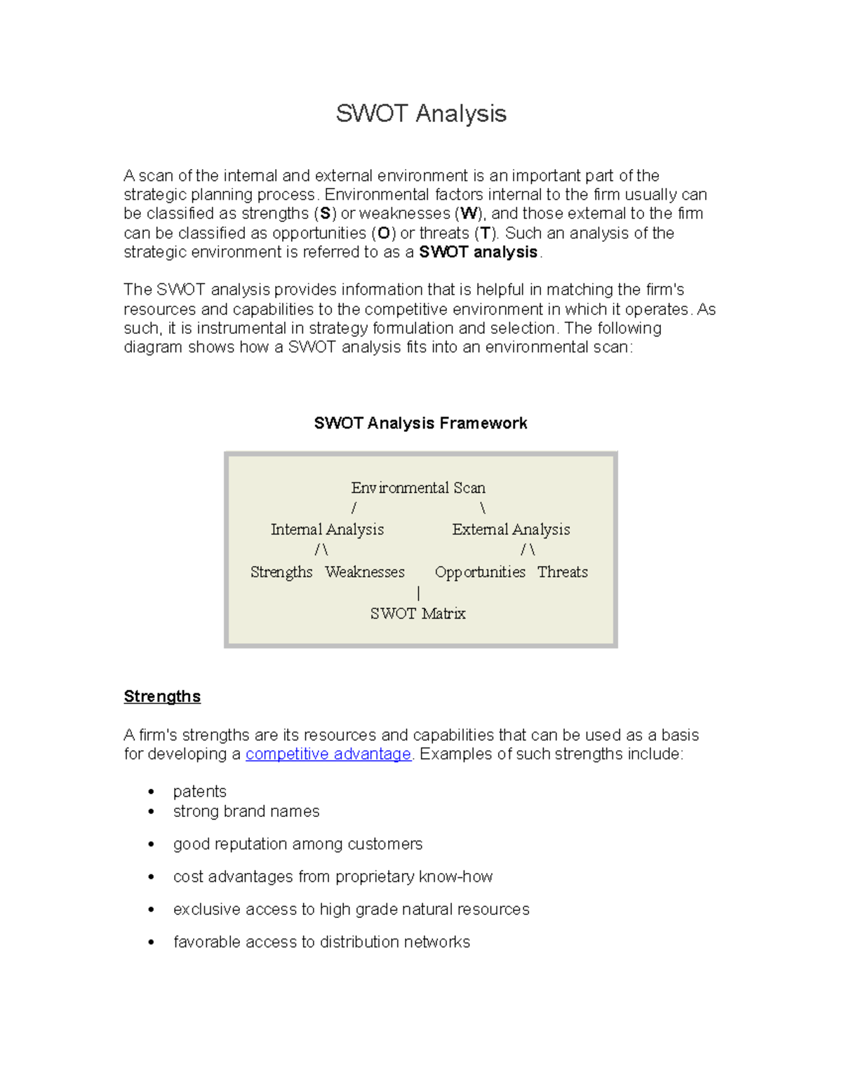 Strategic Mgt - SWOT Analysis A scan of the internal and external ...