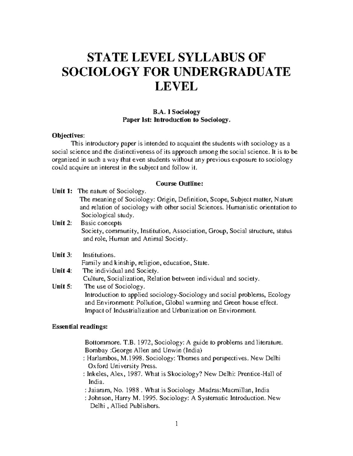 BA Sociology - STATE LEVEL SYLLABUS OF SOCIOLOGY FOR UNDERGRADUATE ...
