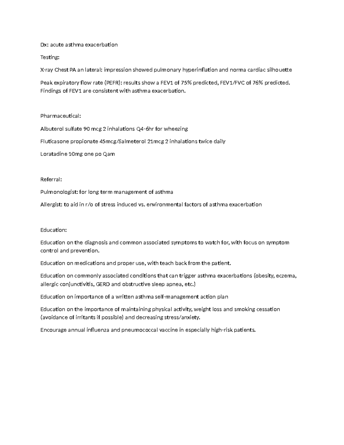 NR602WK3i Human Management Plan - Dx: acute asthma exacerbation Testing ...